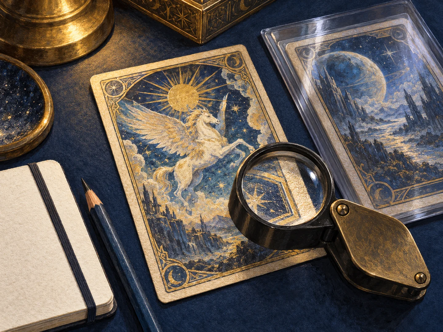 A collector comparing card edges and corners under a magnifying loupe