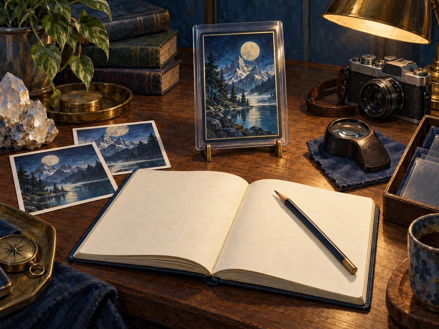 Original collectible cards with a blank inventory notebook and reference photographs