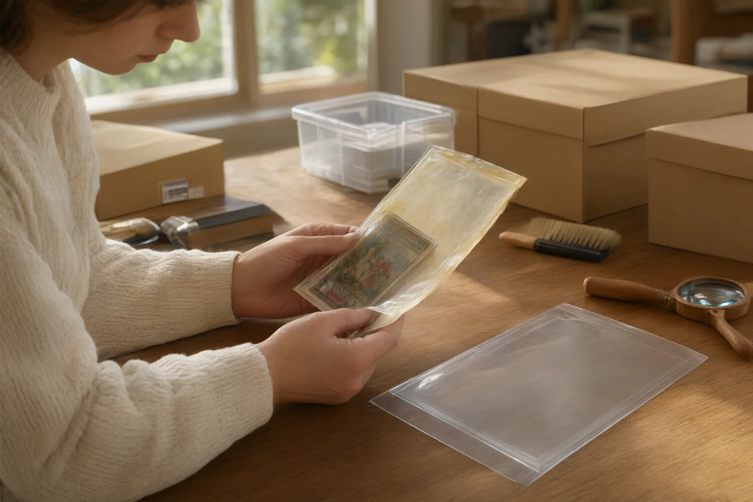 Editorial scene showing practical next steps for How Acidic Storage Materials Can Affect Trading Cards and How to Identify Them