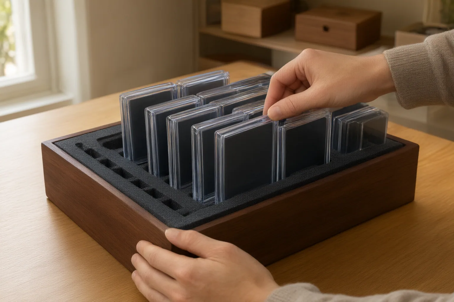 Editorial scene showing practical next steps for Should Graded Cards Be Stored Upright or Flat?